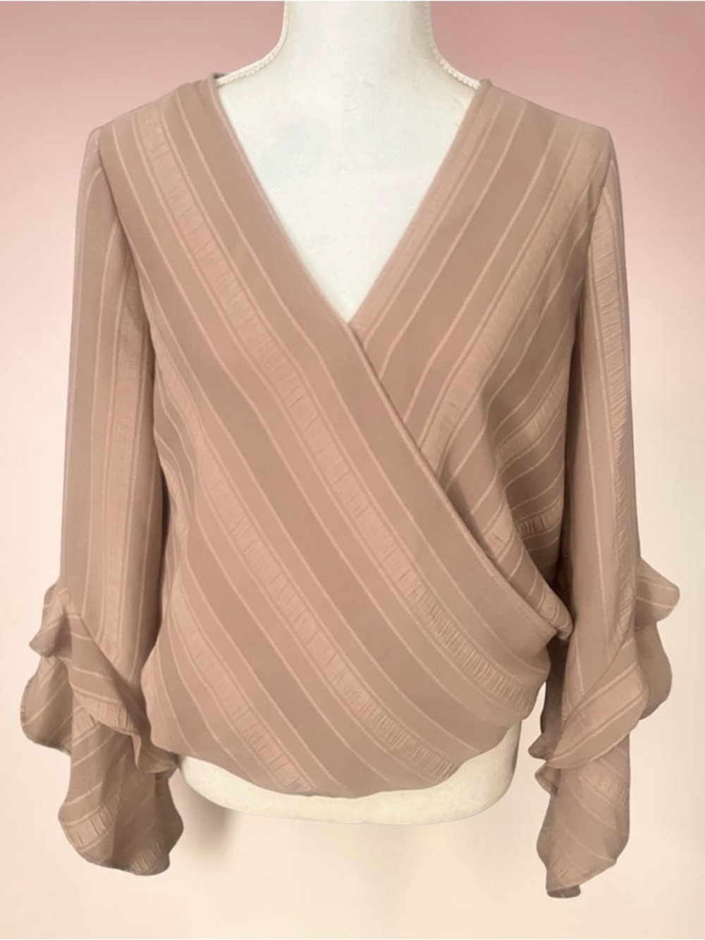 NY & Co Wrap Blouse Women’s Medium Taupe V-Neck, Ruffle Sleeve, & Elastic Hem